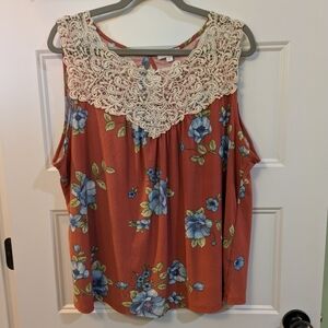 Mauve Crochet Yoke Floral Tank Top - Rust with Blue Flowers